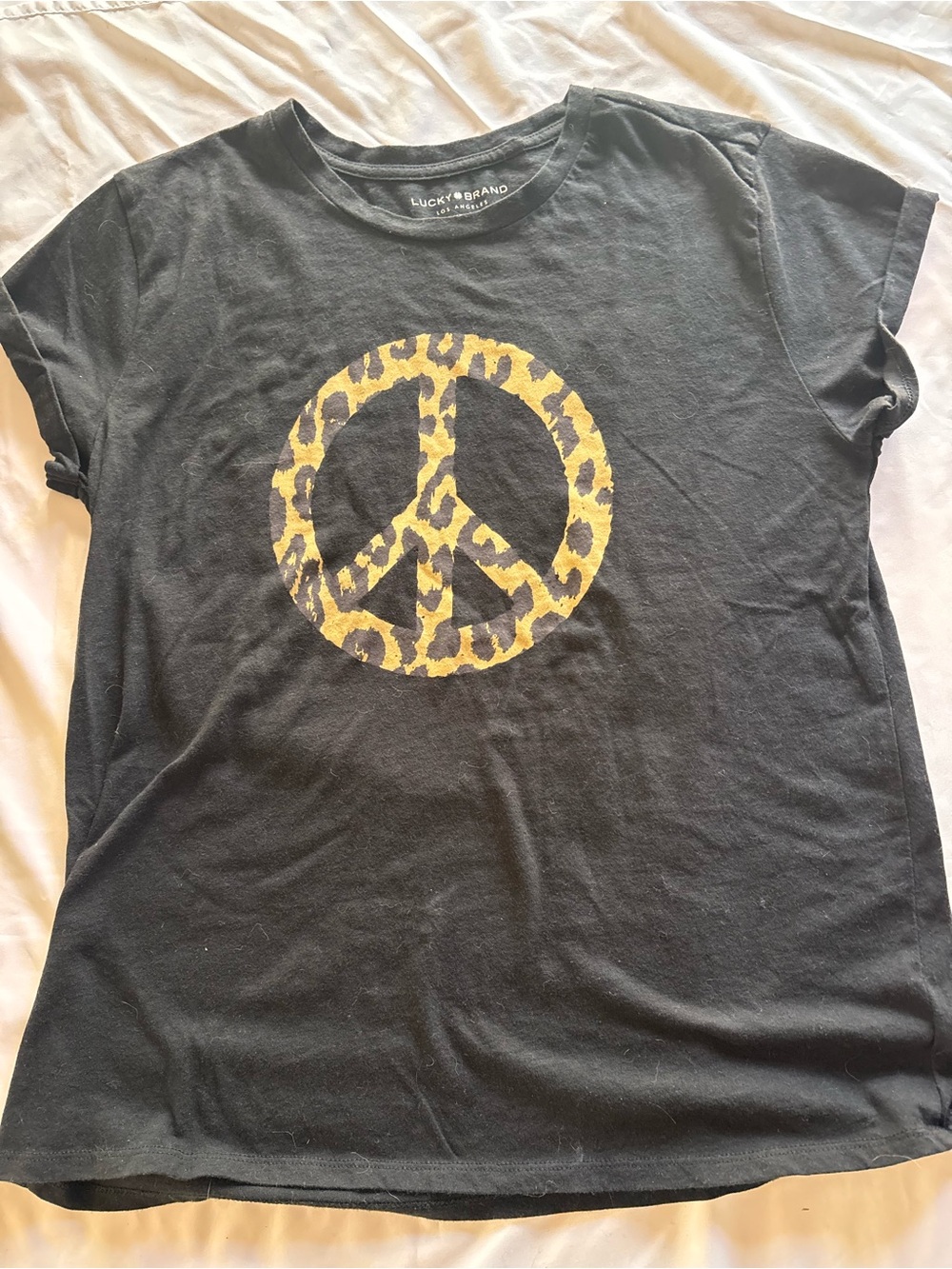 Lucky Brand Black Tee with Leopard-Print Peace Sign Size S